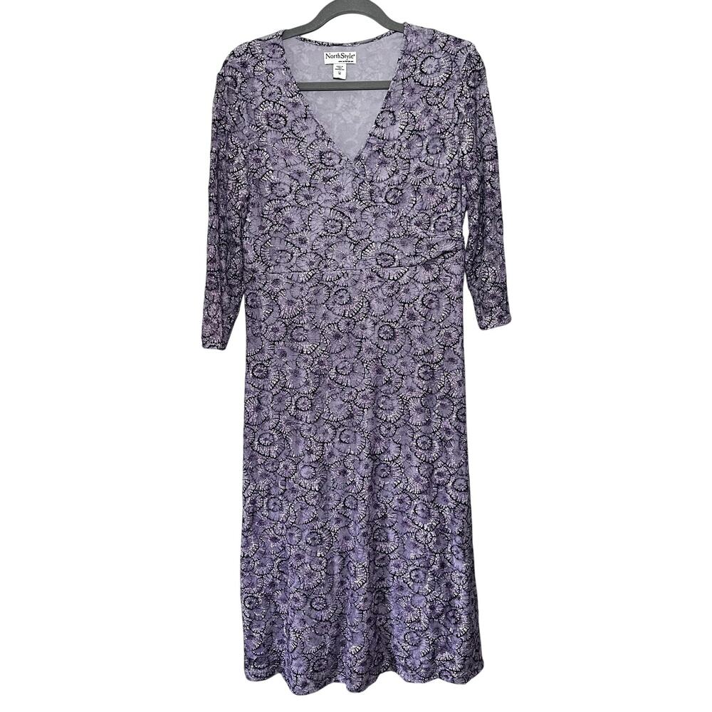 NorthStyle Dress Womens Medium Purple Floral Lace Ruched‎ Midi Fairy Stretch Y2k